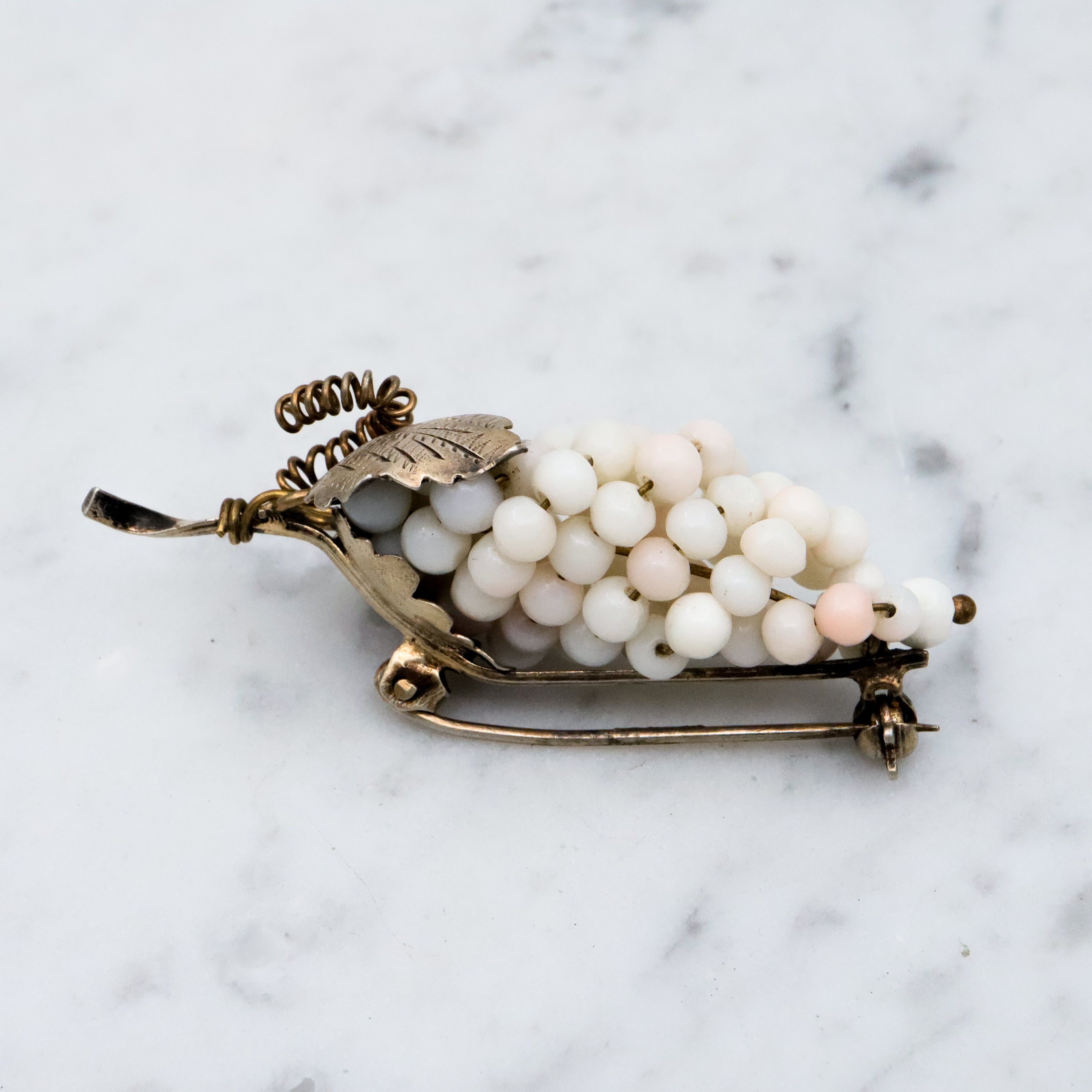 Antique .800 silver white angel skin coral bead grape bunch brooch